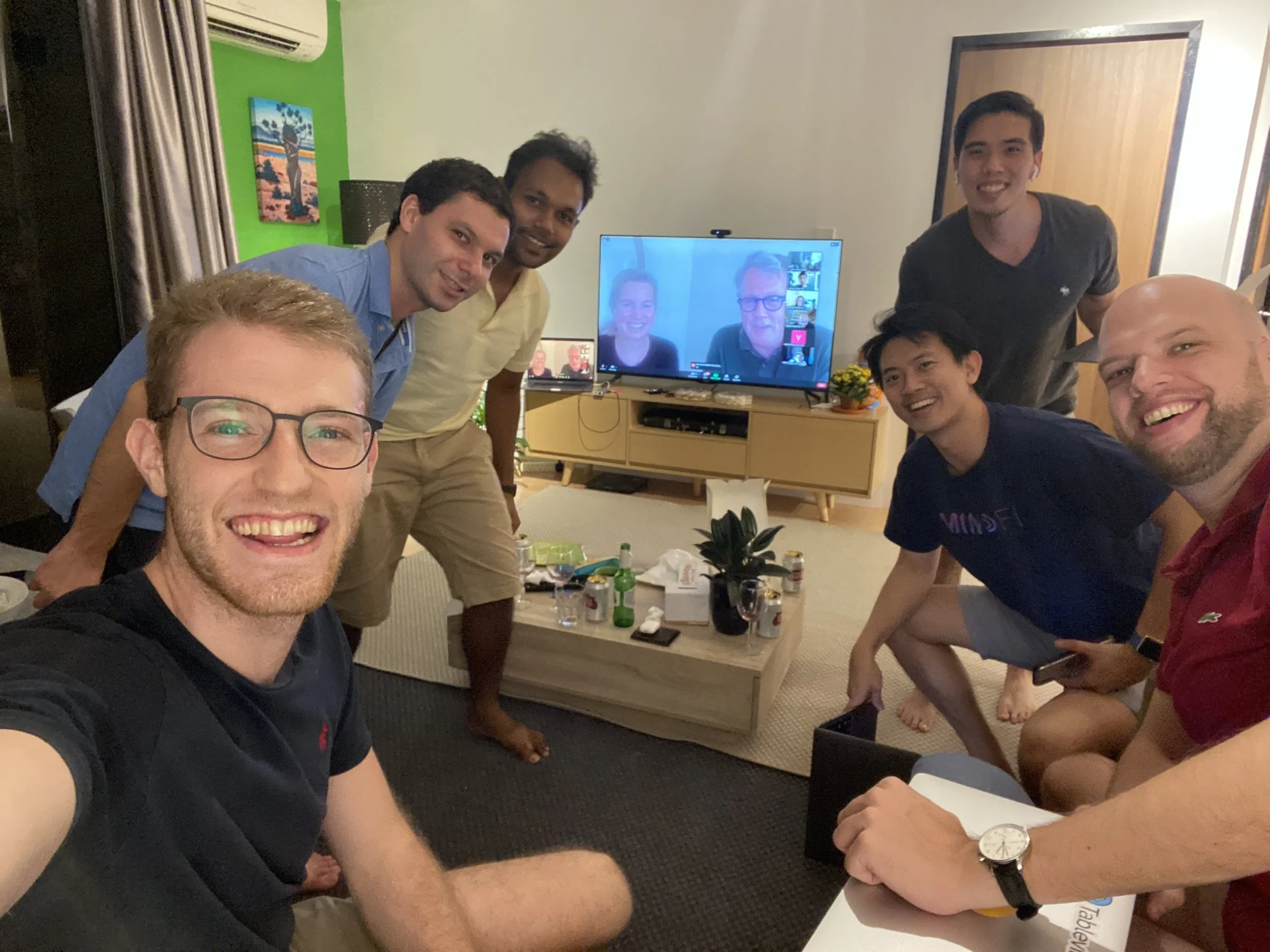 The Strive team watching Paul Graham and Jessica Livingston present at 1am Singapore time