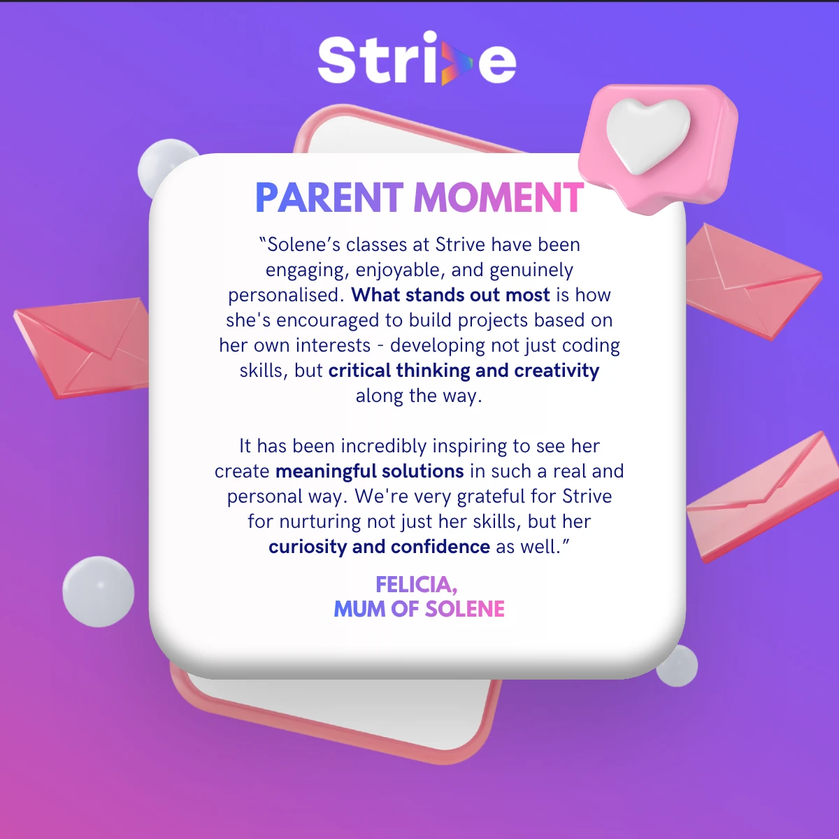 Parent feedback from Felicia, mum of Solene